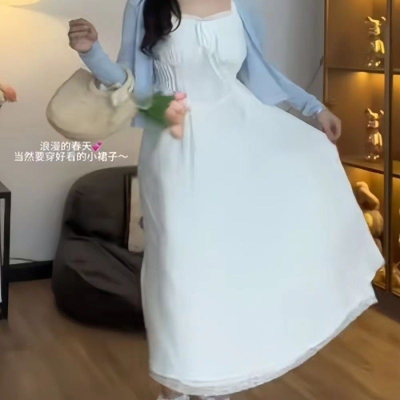 Plus Size Mm Sweet Sling Dress Slimming Cardigan Two-Piece Set A- Shape Lace Stitching Waist Small Fresh Suit - Image 1
